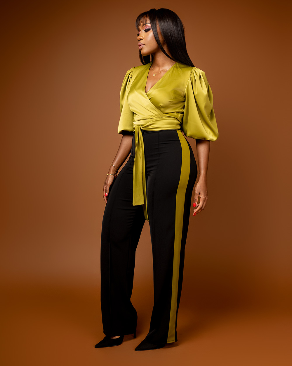 Black and olive tuxedo pintuck pants