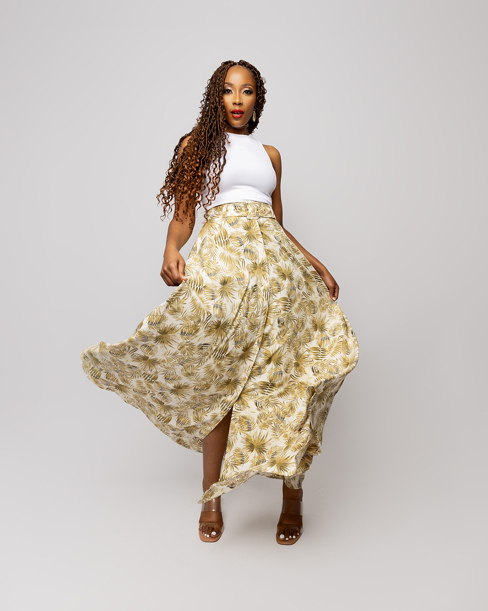 Green leaf print maxi skirt