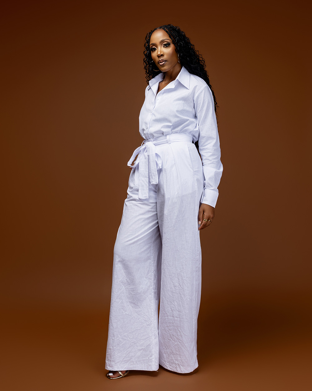 White linen pleat palazzo pants