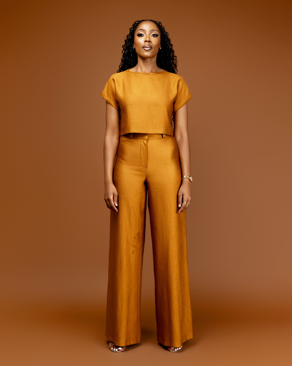 Gold Crinkled Flat Front Pants