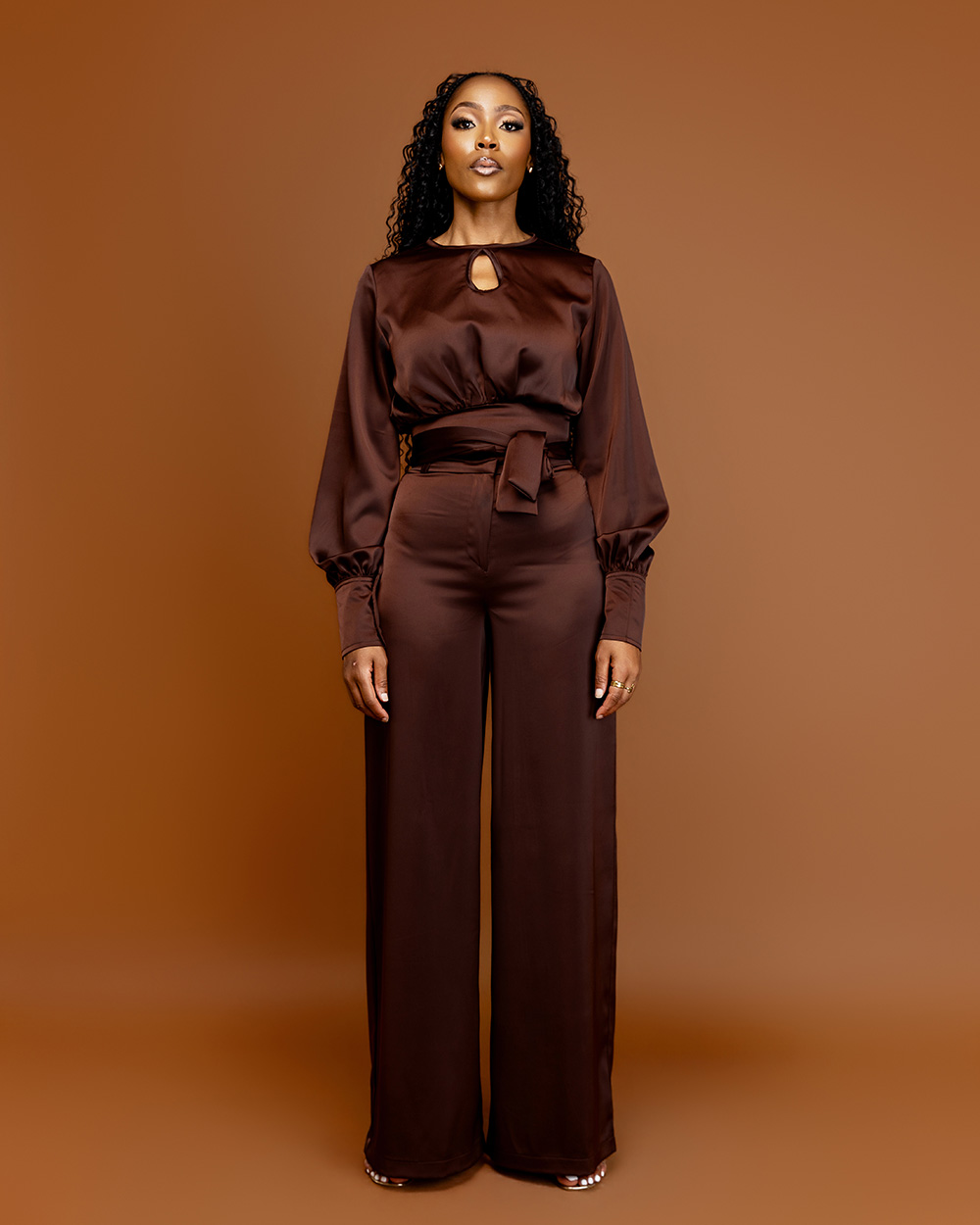 Chocolate brown satin flat front pants