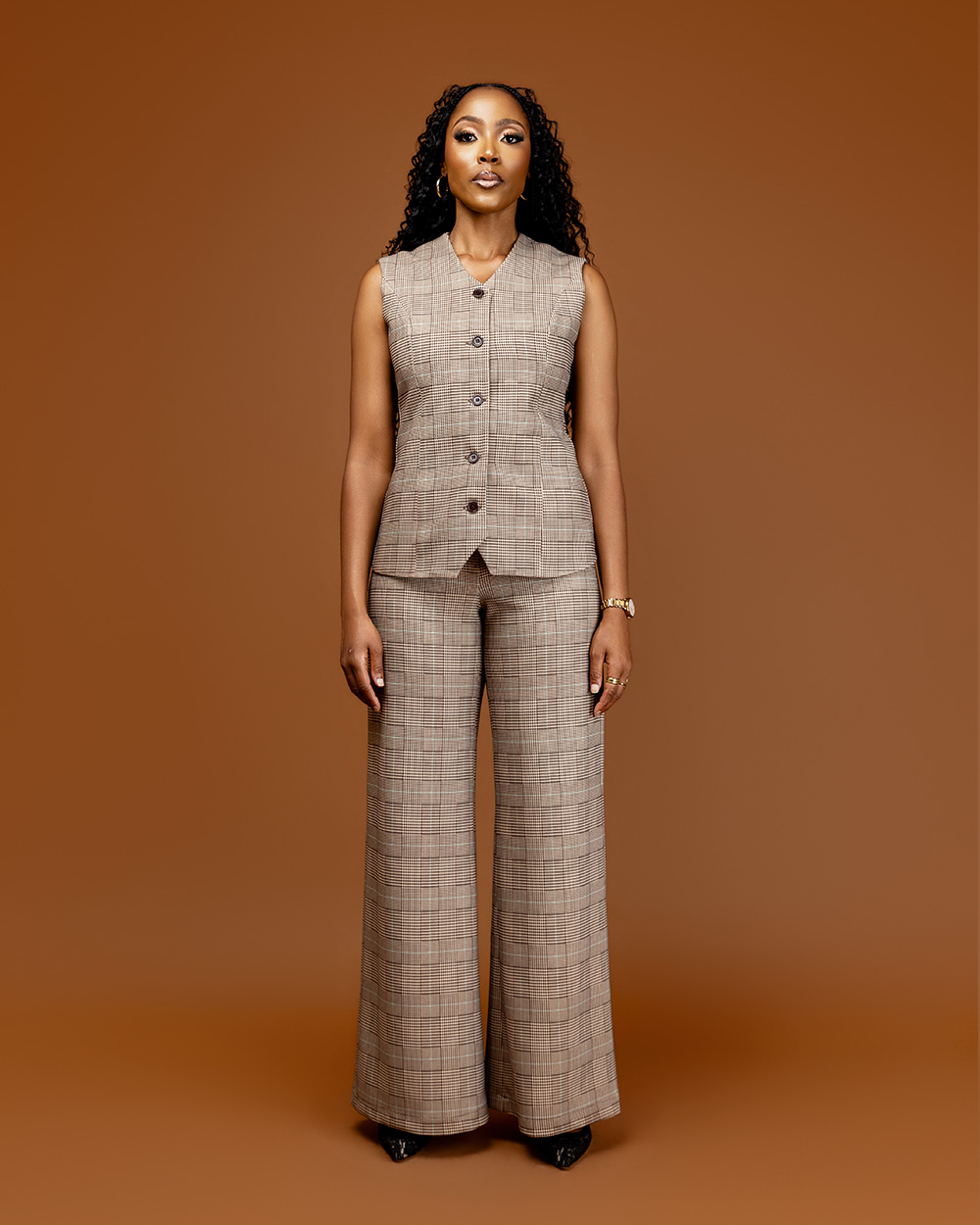 Checked scuba flat front pants