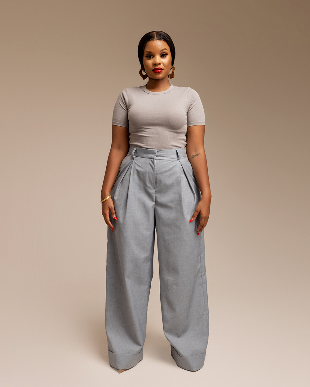 GREY CUFFED HEM PLEAT PALAZZO PANTS