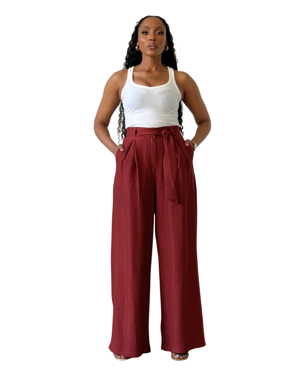 MAROON SHEEN PLEAT PALAZZO PANTS